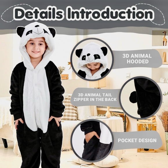 MICHLEY Panda Animal Hooded Kid’s Onesie Flannel Pajamas Costume | 110 | NEW - Picture 4 of 9